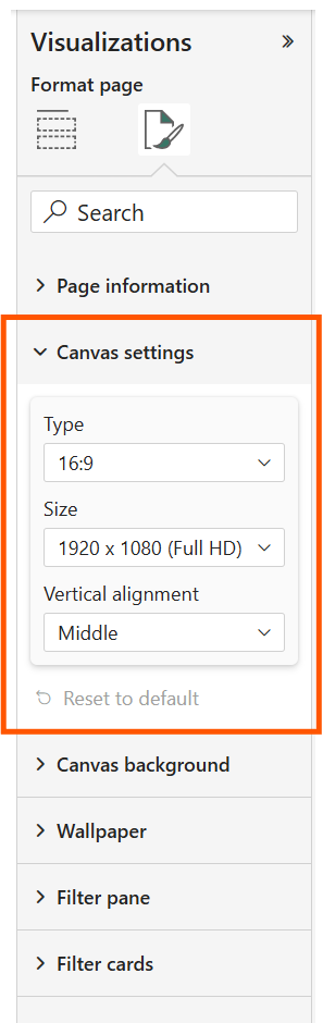 Screenshot of canvas settings options.