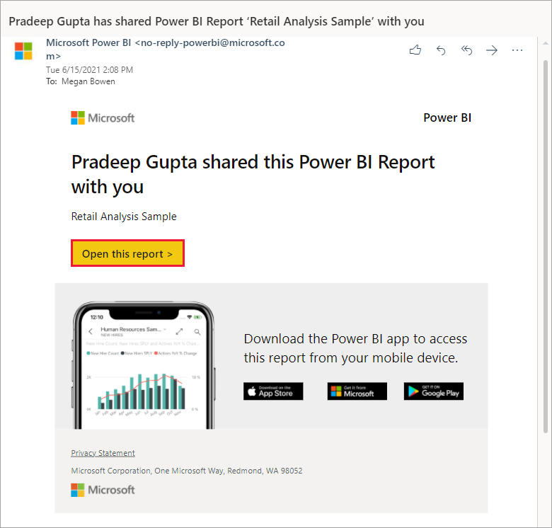 Screenshot of an email that contains a link to a report.