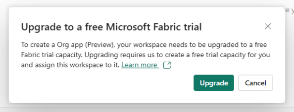 Screenshot of the Upgrade to Fabric trial modal.