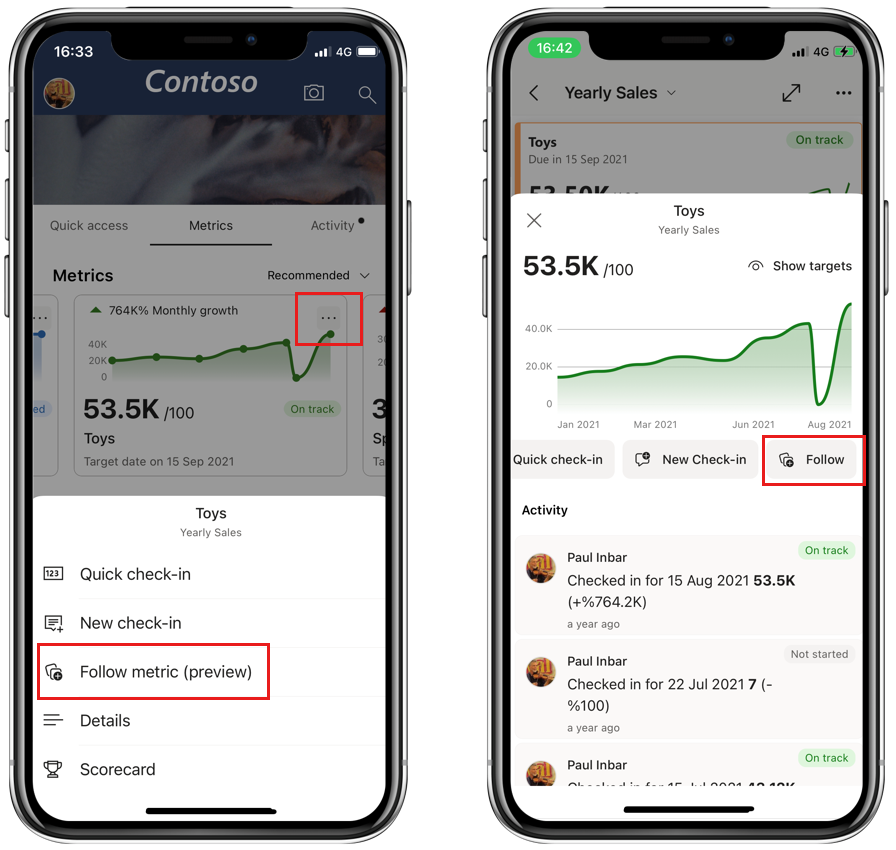 Screenshot showing how to mark a metric for following in the Power BI mobile app.