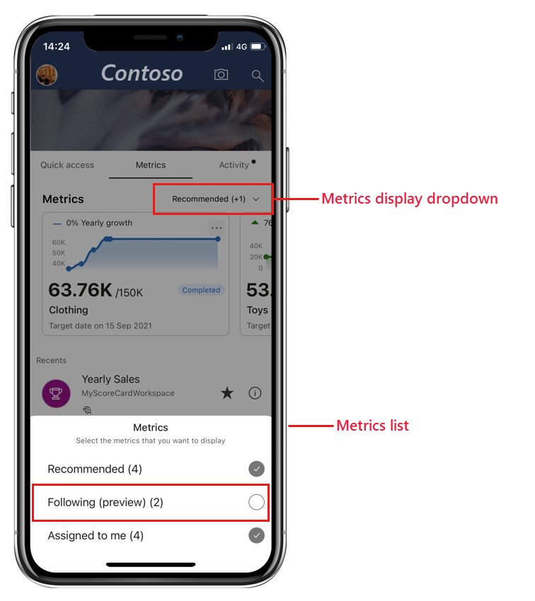 Screenshot showing how to display followed metrics in the Power BI mobile app's Metrics tab.