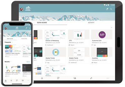 Screenshot of the Power BI mobile app open on an iPhone and iPad.