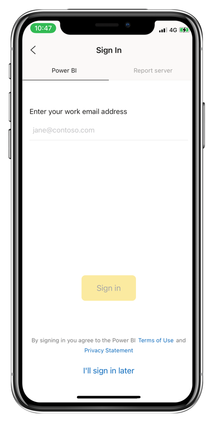 Screenshot of the Power BI mobile app sign-in screen.