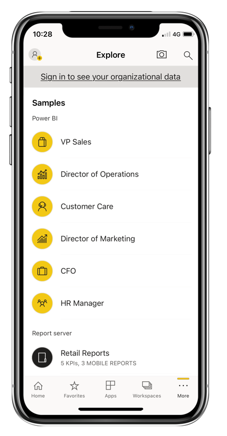Screenshot of the Power BI mobile samples screen.