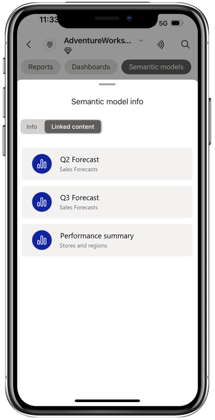 Screenshot showing the Linked content tab of the semantic model info pane in the Power BI mobile app.