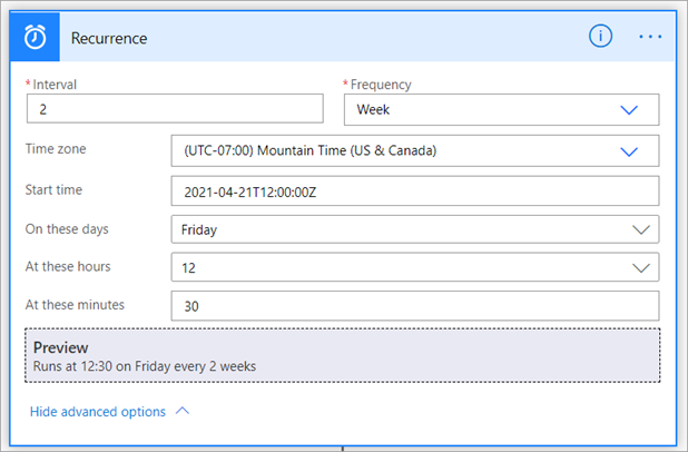 Screenshot of the advanced recurrence options in Power Automate, including Time zone, Start time, and day and hour settings.