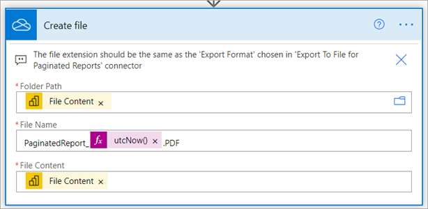 Screenshot of the Power Automate flow step showing the Folder Path setting for exporting a paginated report to OneDrive or SharePoint Online.
