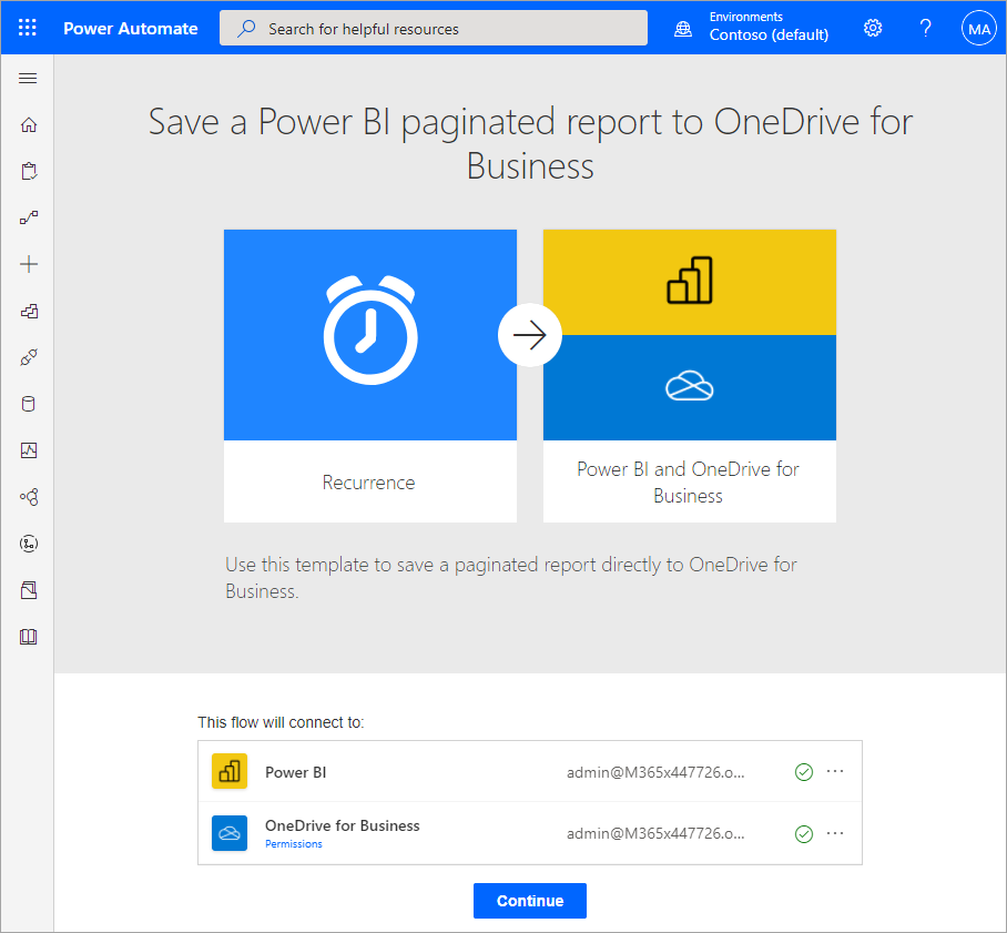 Screenshot of the Power BI and OneDrive for work or school template selection screen in Power Automate.