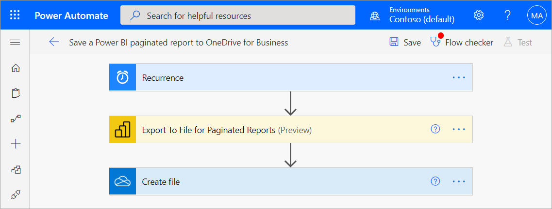 Screenshot of the Power Automate flow configured to save a paginated report to OneDrive or SharePoint Online.