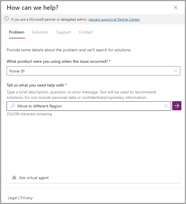 Screenshot showing field entries for a new support request for a region move in the Power Platform Admin Center.
