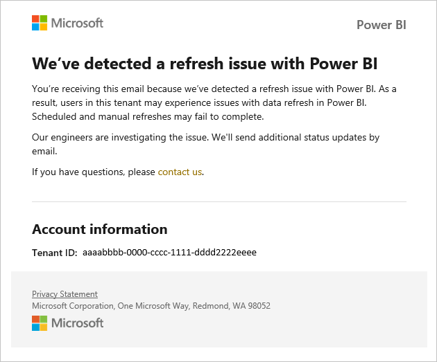 Screenshot of a Power BI service interruption notification email showing refresh issue details.