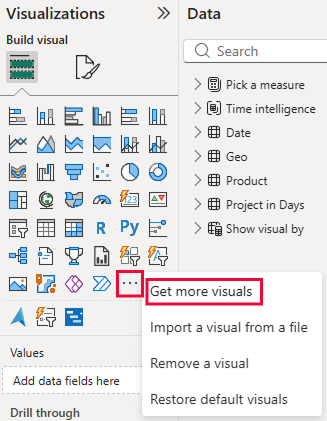 Screenshot of the Get more visuals option in the Visualizations pane.