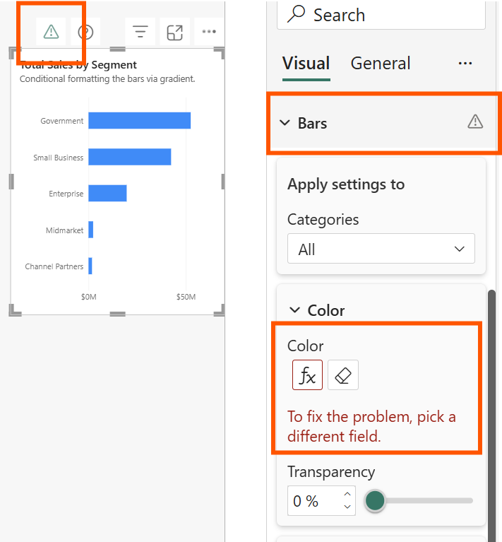 Screenshot showing a visual with conditional formatting errors. Warning icons appear in the visual header and Format pane, and an error message instructs the user to pick a different field.