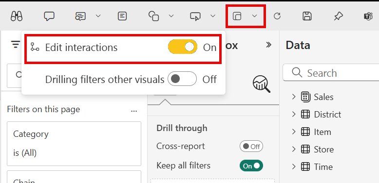 Screenshot of the Edit interactions button in the Power BI service.
