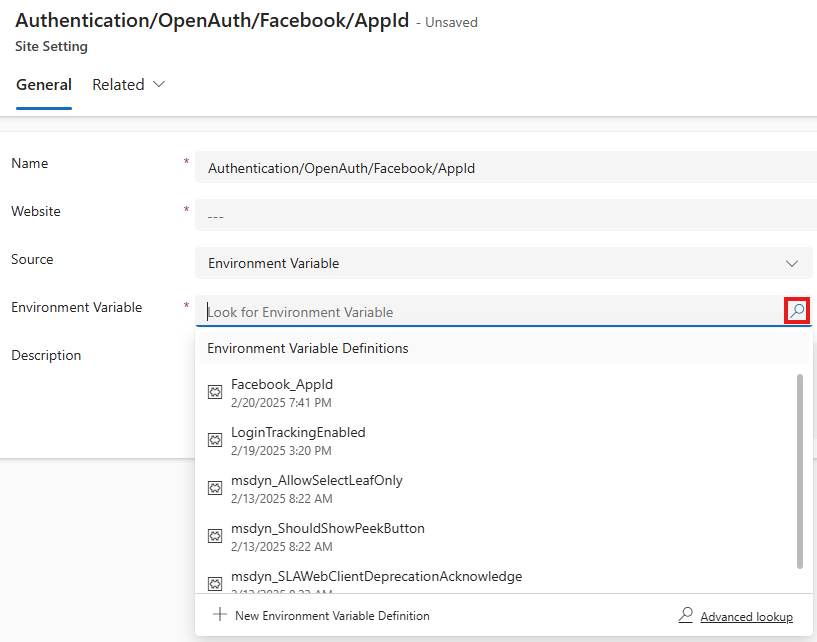 Screenshot of the environment variable selection dropdown.