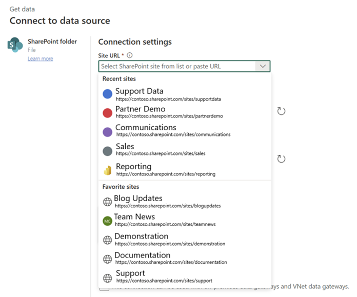 Screenshot of selecting SharePoint site from SharePoint Site Picker.