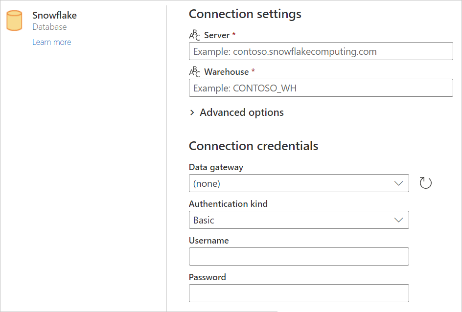 Screenshot of the Snowflake connection builder in Power Query Online.