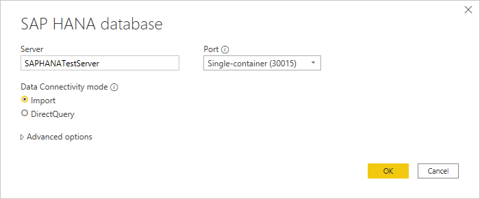 Screenshot of the SAP HANA database connection dialog where you enter the SAP HANA server information.