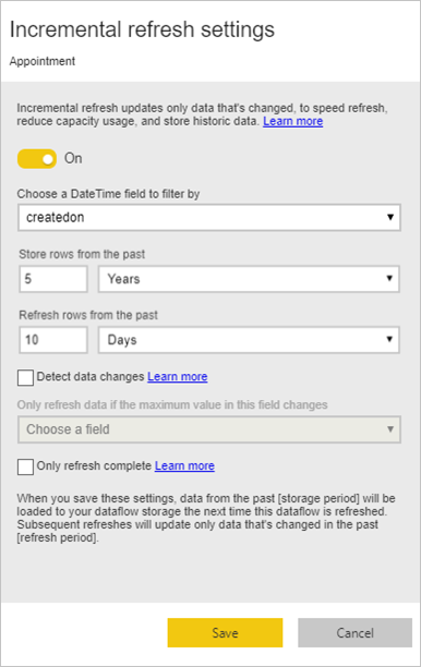 Screenshot of the incremental refresh settings dialog used to refresh dataflows.