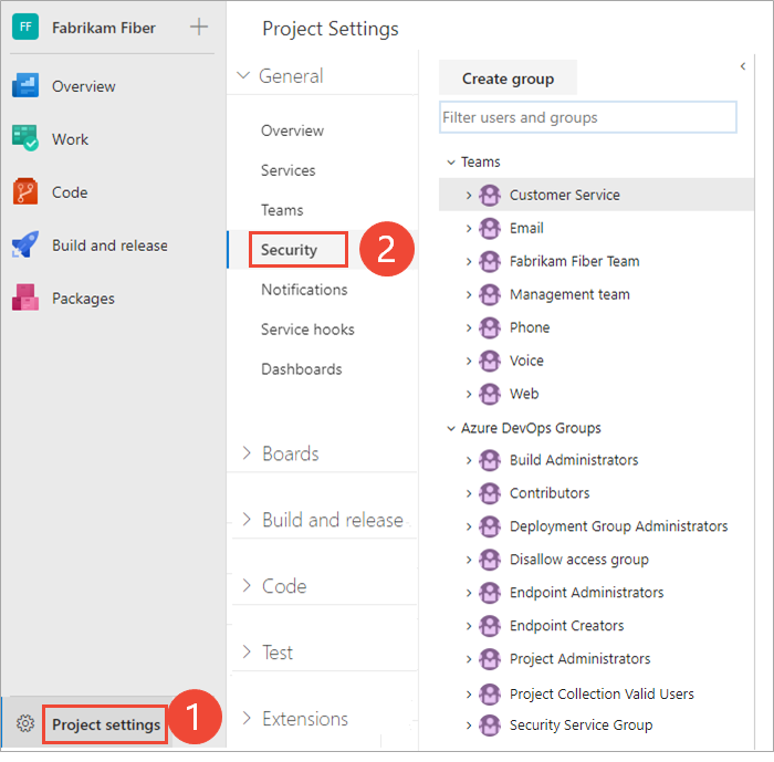 Screenshot of Project Settings, Security selection.