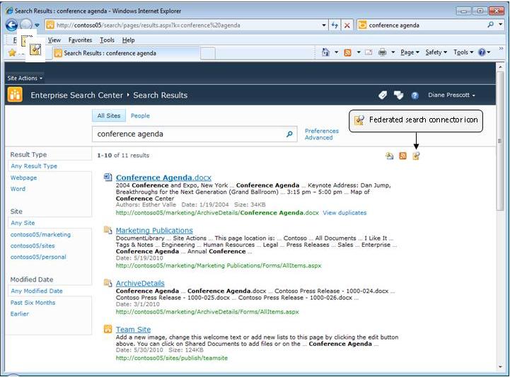 Federated search connector icon on SharePoint site