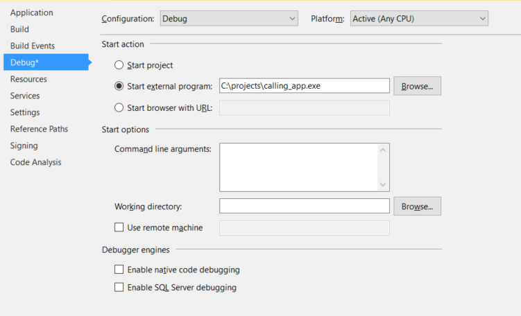 C# Debug Properties window C# Debug Properties window
