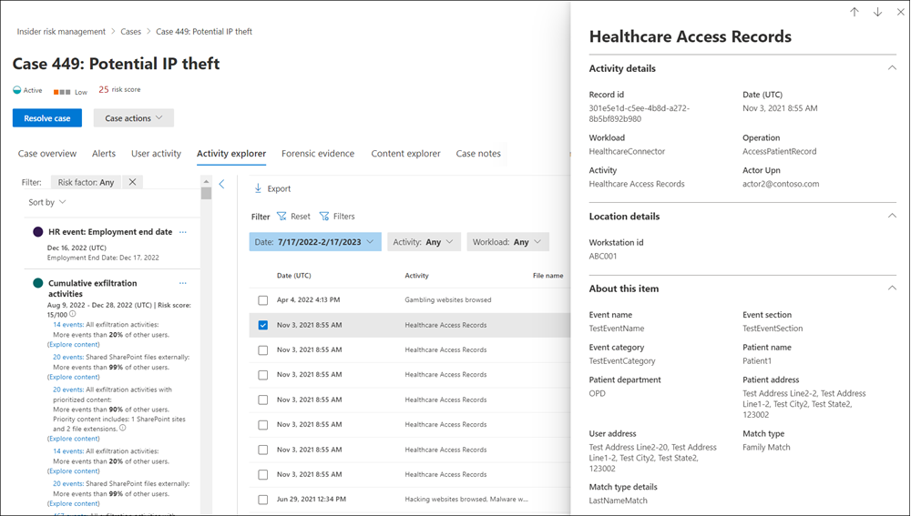 Insider Risk Management activity explorer details.
