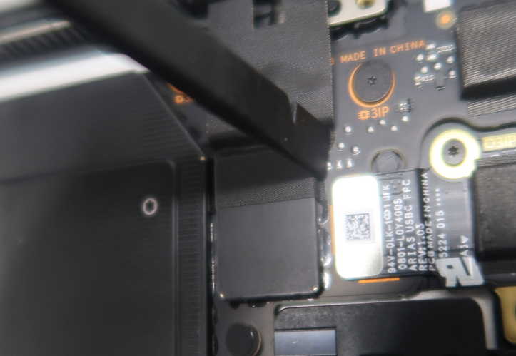 Screenshot that shows securing display connector tape into the gap and crease with the USB-C connector on the PCBA.
