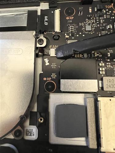 Screenshot of tweezers connecting fan FPC to the PCBA connector.