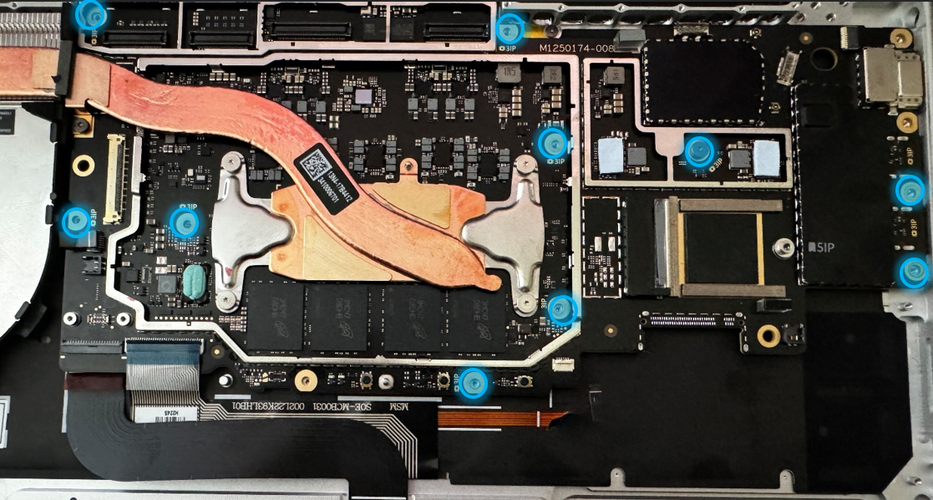 Screenshot that shows ten screws on the motherboard that secure it to the chassis.