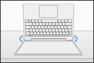 Screenshot that shows the device opened to 90 degrees with the keyboard facing up.