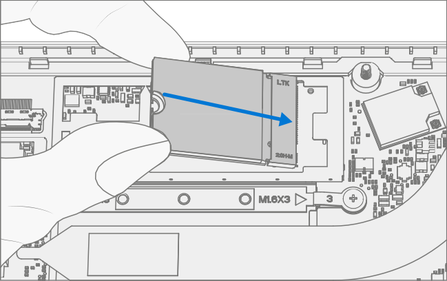 Screenshot that shows inserting the rSSD connector into the mainboard at approximately a 15-degree angle.