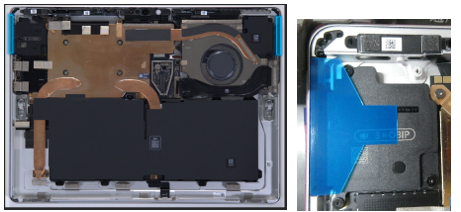 Screenshot that shows speaker meshes adhered to display using clear handles before removal