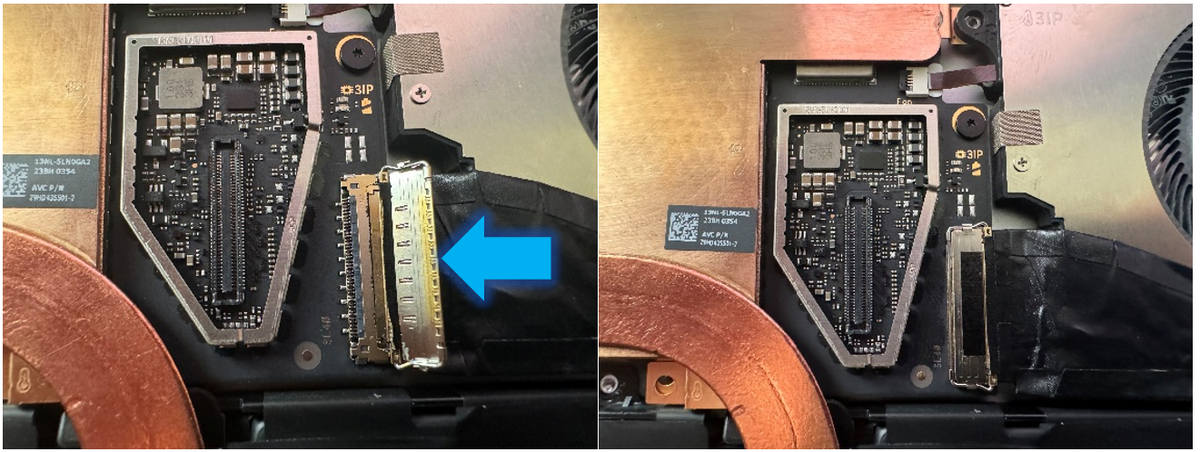 Screenshot that shows right-to-left insertion of Surface Connect cable into motherboard connector