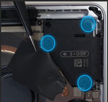 Screenshot that shows three right speaker screw positions with graphite sheet flexed aside