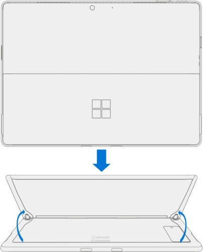 Screenshot that shows the underside of a Surface Pro device with the kickstand raised and an arrow indicating where the model and serial number label is located under the kickstand