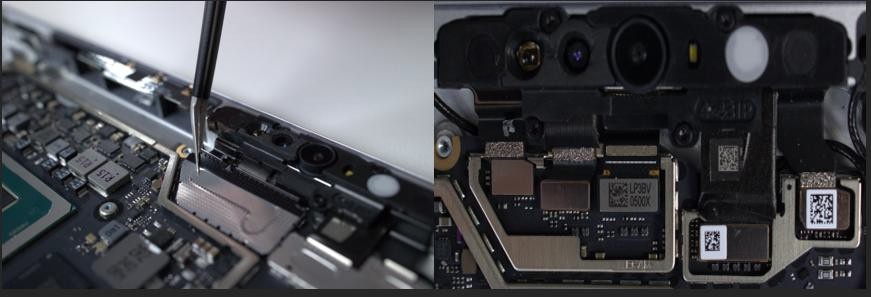 Screenshot that shows tweezers lifting camera shield from corner on business editions.