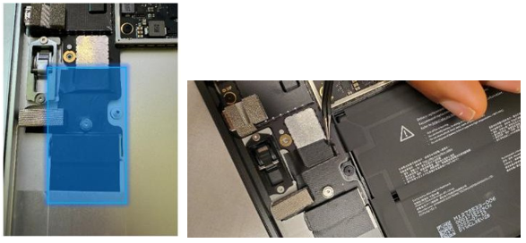 Screenshot that shows RF foam and shielding tape being lifted from enclosure area for replacement.