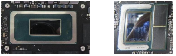 Diagram that shows cleaned enclosure tape areas side-by-side for business vs Intel edition after motherboard removal.