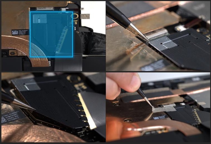 Screenshot that shows lifting metallic tape and shield lid from the display connector on business editions.