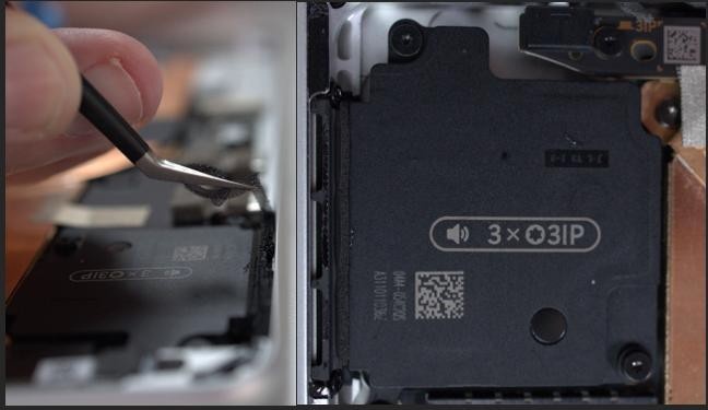 Screenshot that shows exposed enclosure cutouts after speaker mesh and adhesive removal.