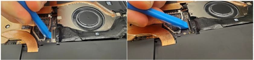 Screenshot that shows releasing the locking bar to disconnect the Surface Connect Port ribbon from the motherboard.