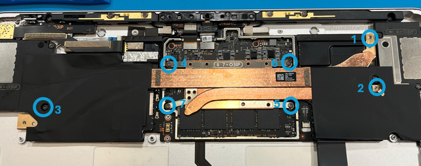 Photo that shows removing thermal module screws with a 3IP screwdriver in the order shown.