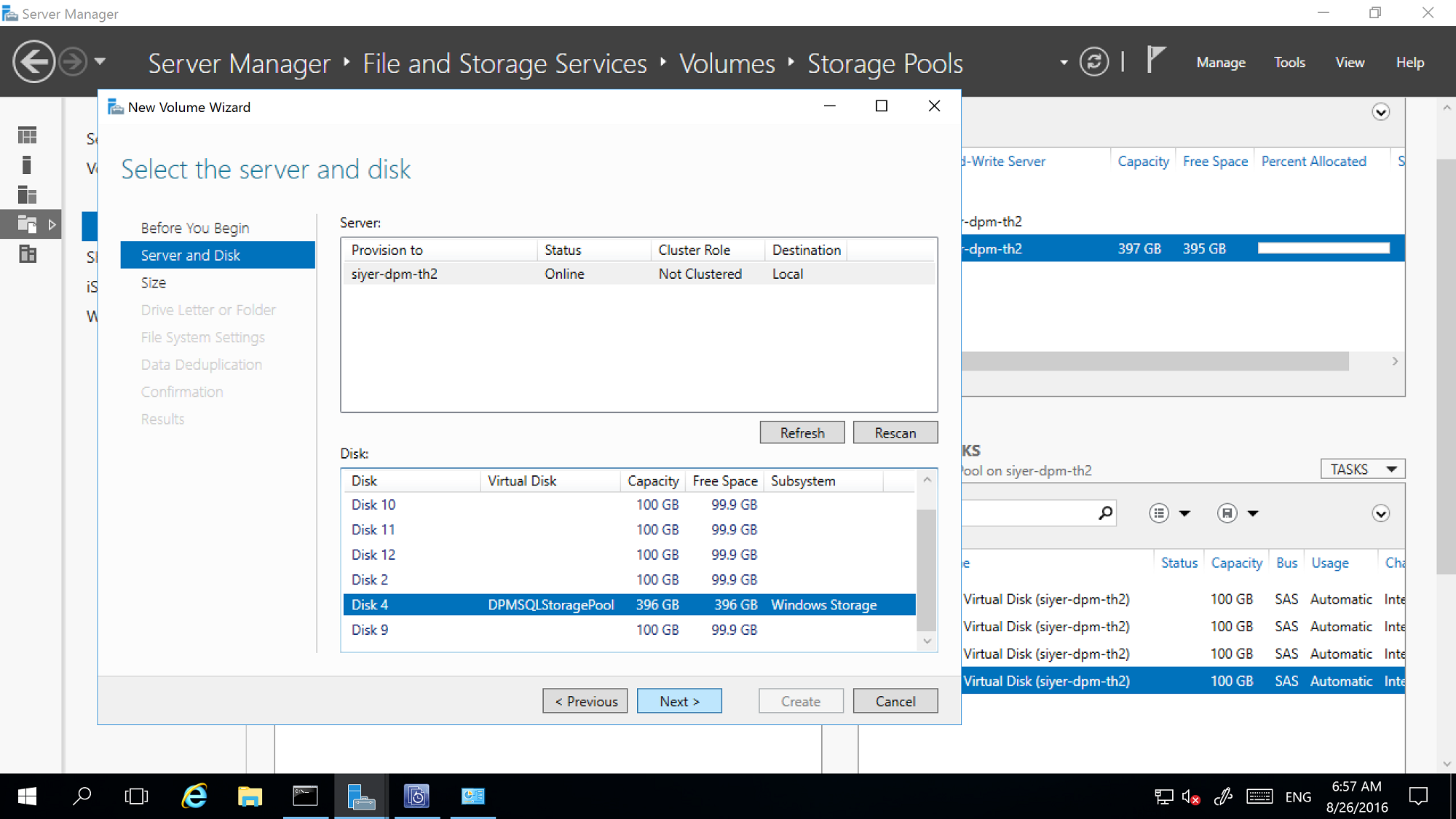 Screenshot of select volume server and disk.