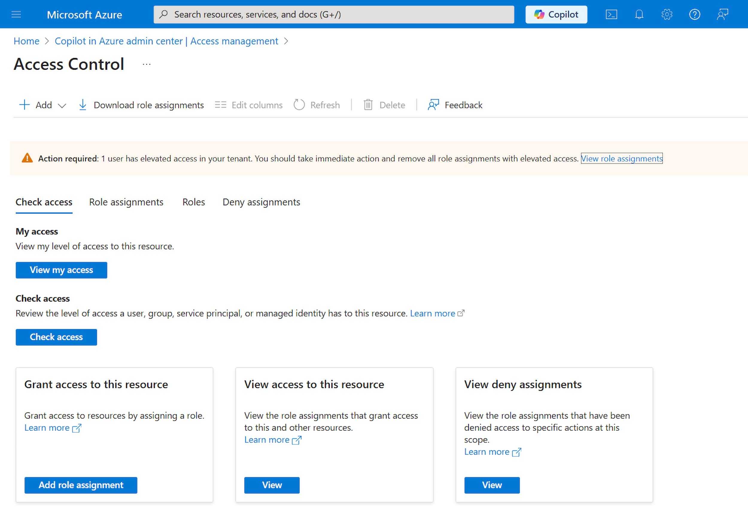A screenshot the Azure portal where access to Azure Copilot is managed.