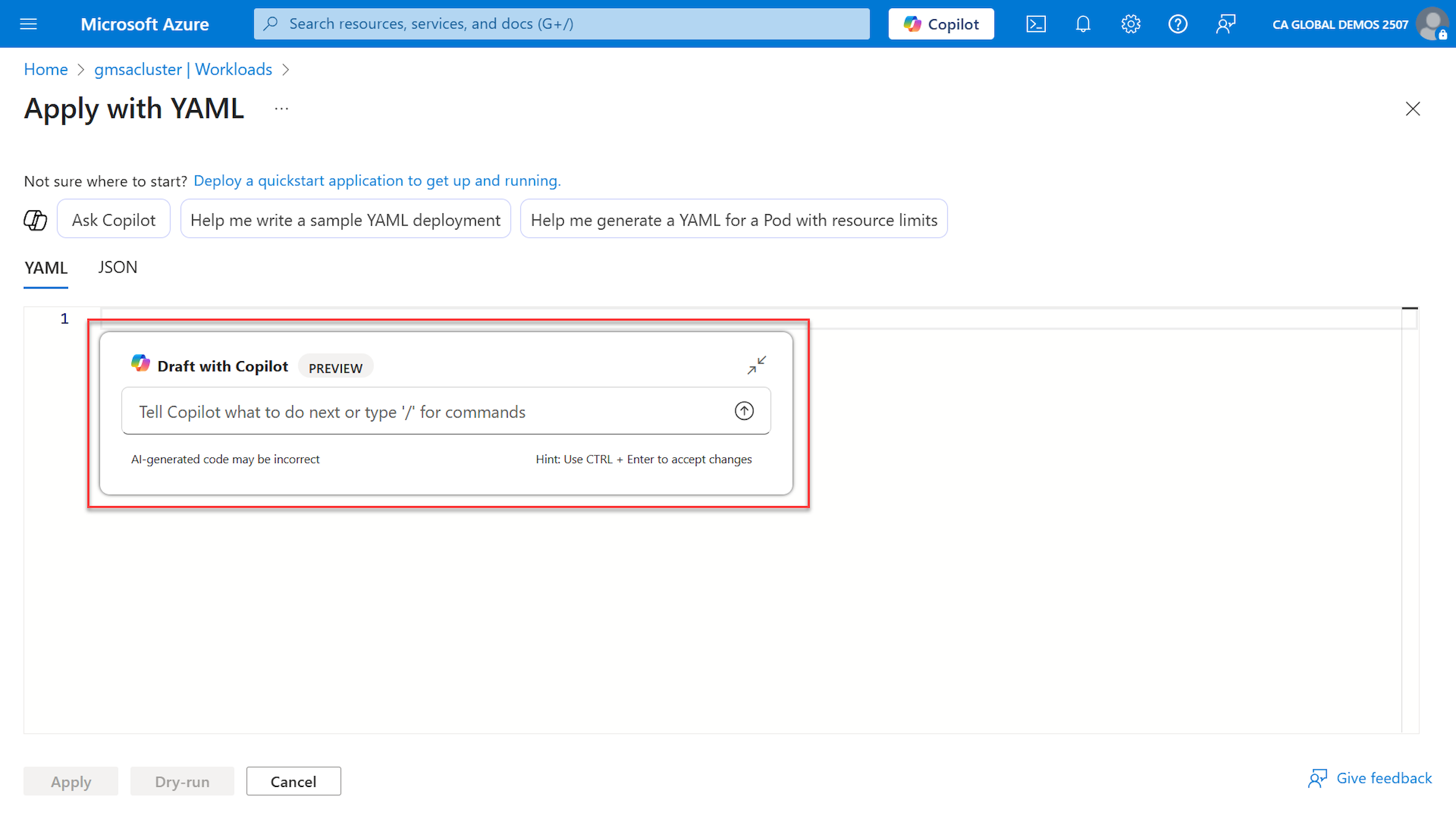 A screenshot of Azure Copilot assisting with the creation of YAML code.