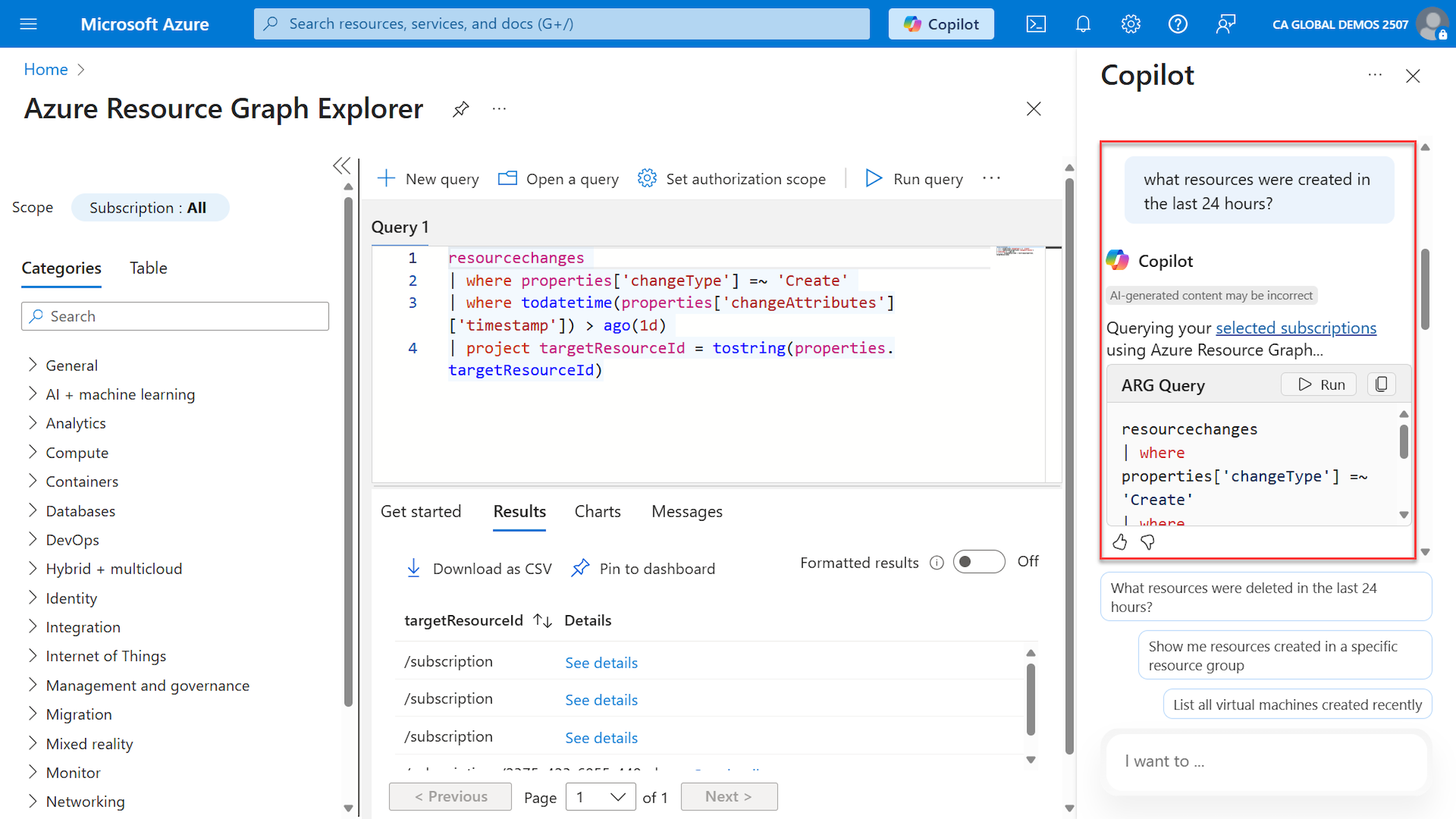 A screenshot of Azure Copilot interacting with resource graph explorer.