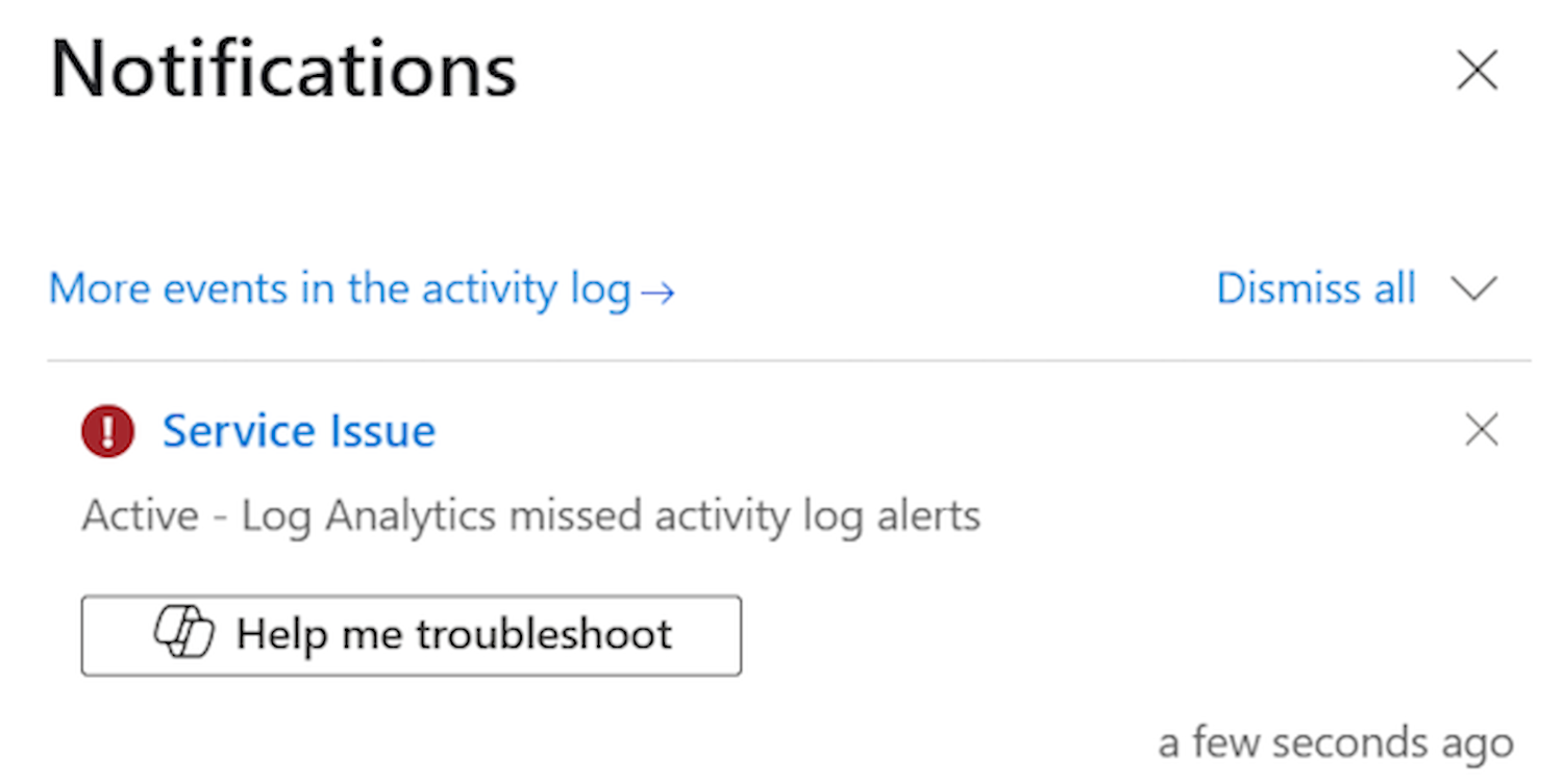Screenshot of Azure Copilot providing a link to help troubleshoot an error in the Notifications pane.