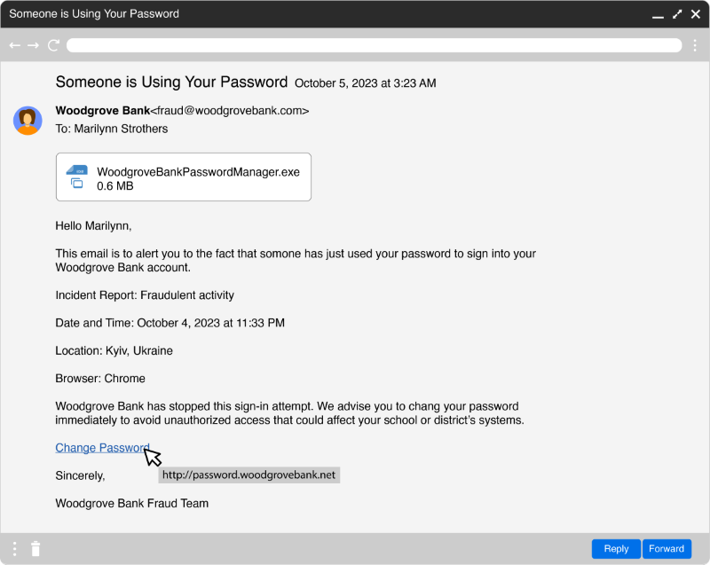 Screenshot of an email message requesting an immediate password change because of fraudulent activity.