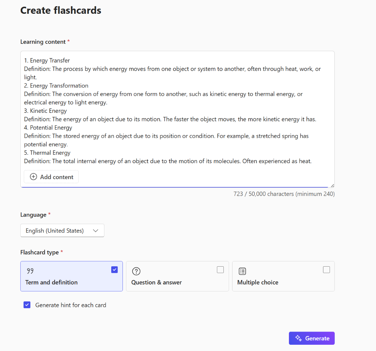 Screenshot of the create flashcards page in Teach app.